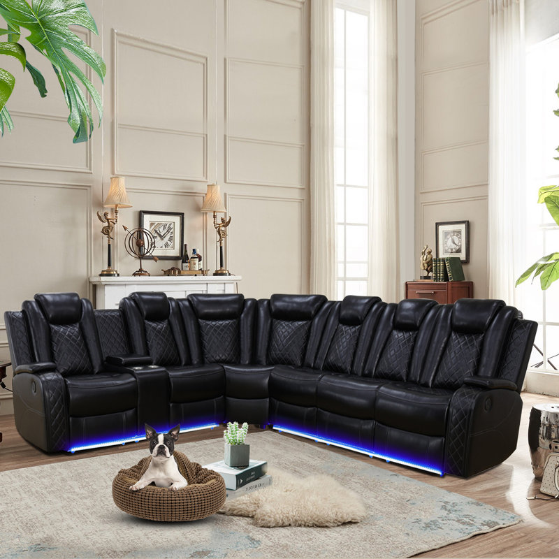 Elaina 3 Piece Faux Leather Reclining Sectional Black Faux Leather